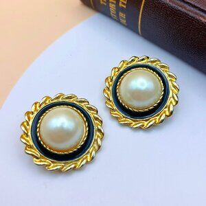 Vintage Park Lane Clip-On Earrings, Faux Pearl with Black Enamel